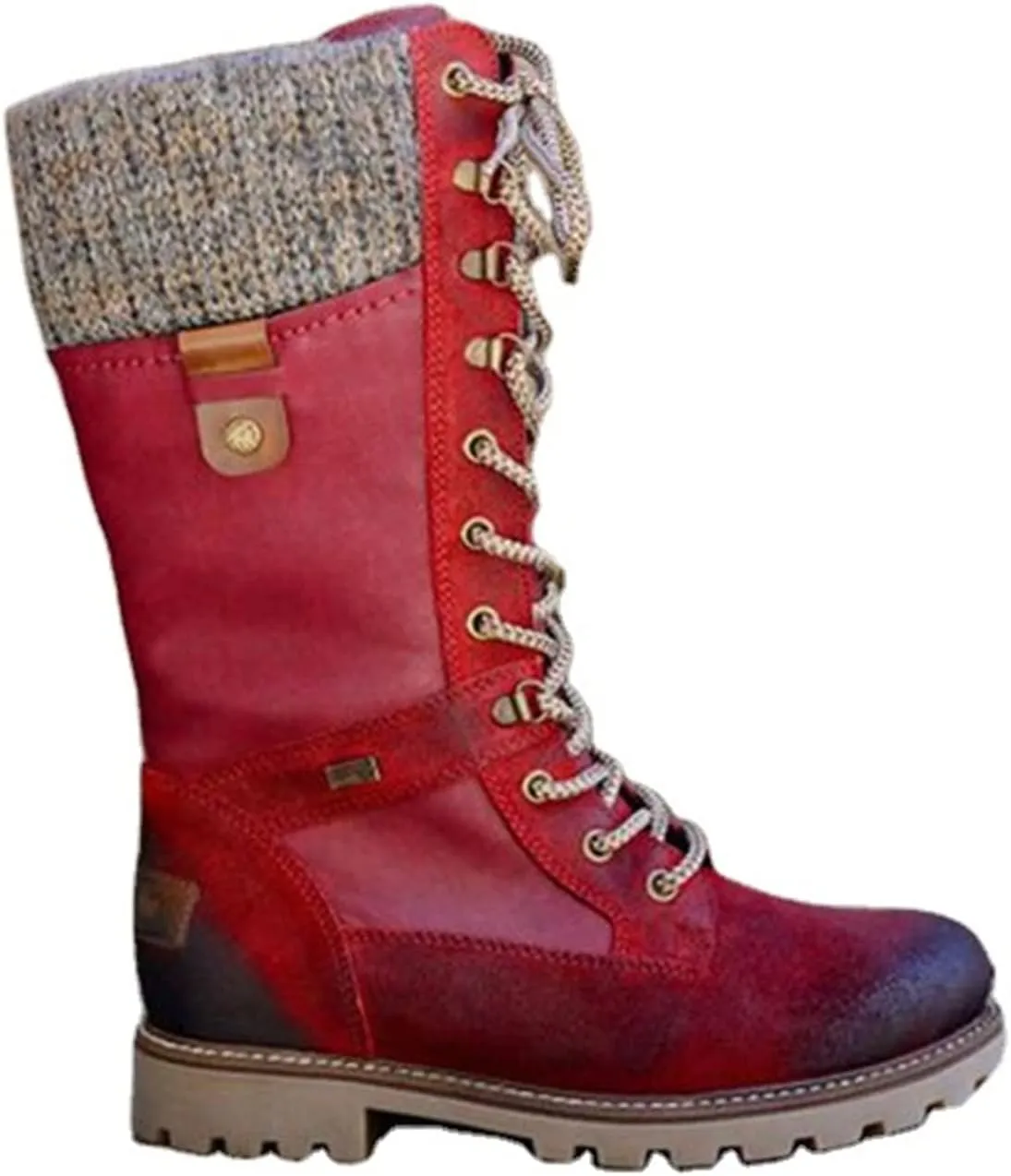 LIUsj JUNST Women Mid-Calf Boots Platform Chunky Heel Lace Up Winter Boots Fashion Wool Round Toe Side Zip Closure Combat Boots Women's Ankle Boots & Booties Ladies Snow Boots,Red,37