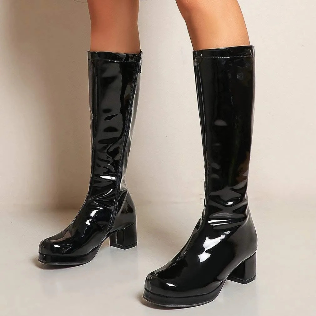 LUXMAX Womens Patent Leather Knee High Boots Platform Knee Length Block Heel Boots with Full Zip