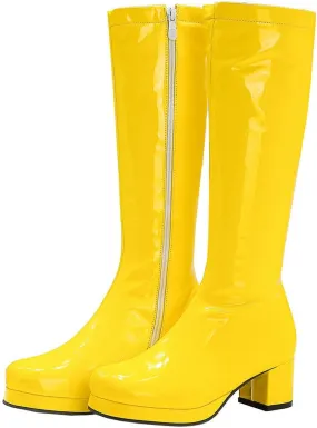 LUXMAX Womens Patent Leather Knee High Boots Platform Knee Length Block Heel Boots with Full Zip