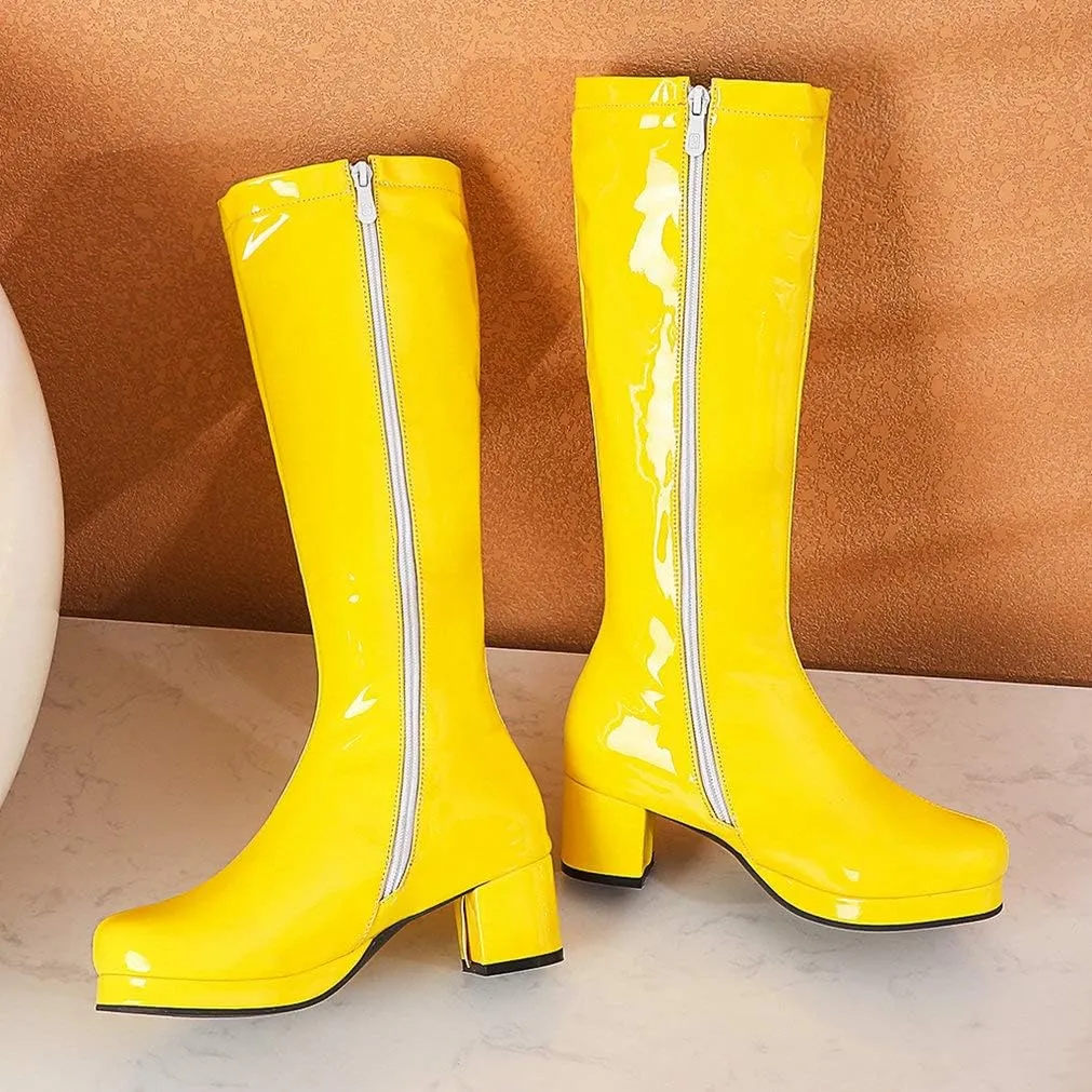 LUXMAX Womens Patent Leather Knee High Boots Platform Knee Length Block Heel Boots with Full Zip