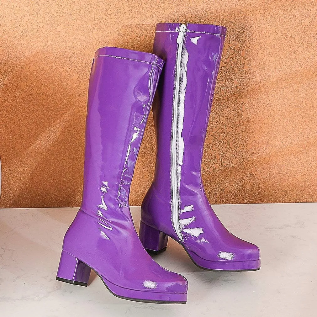 LUXMAX Womens Patent Leather Knee High Boots Platform Knee Length Block Heel Boots with Full Zip