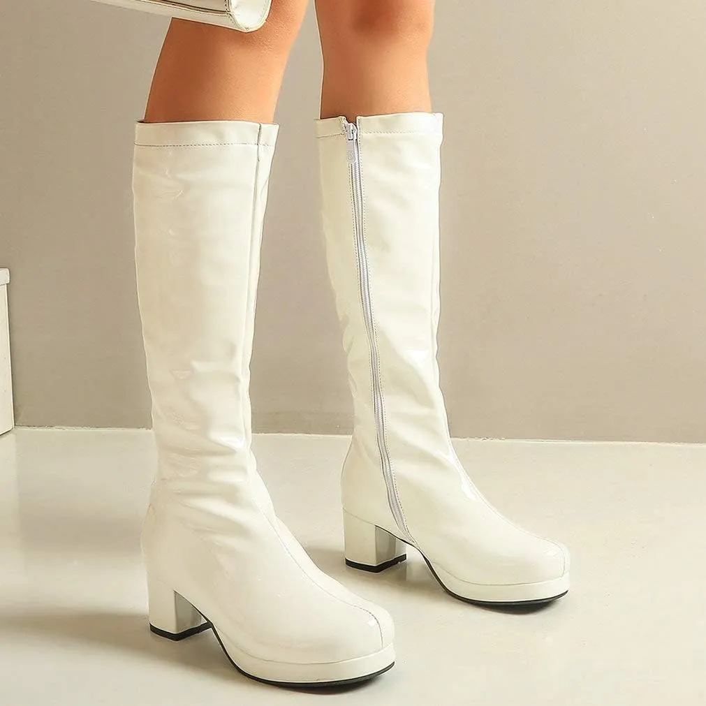 LUXMAX Womens Patent Leather Knee High Boots Platform Knee Length Block Heel Boots with Full Zip