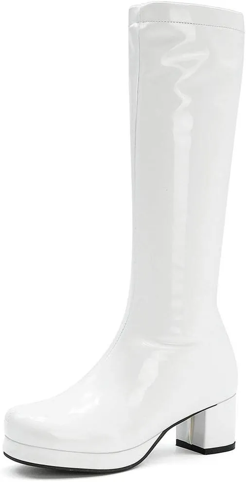LUXMAX Womens Patent Leather Knee High Boots Platform Knee Length Block Heel Boots with Full Zip