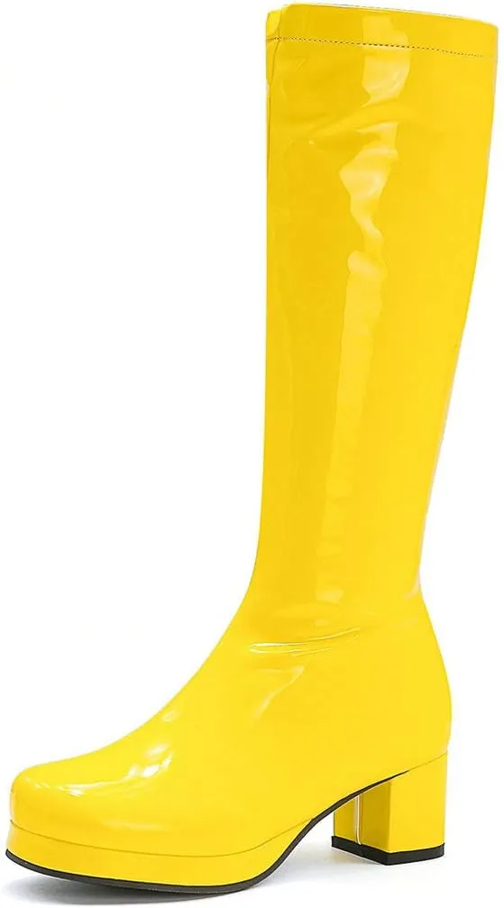 LUXMAX Womens Patent Leather Knee High Boots Platform Knee Length Block Heel Boots with Full Zip