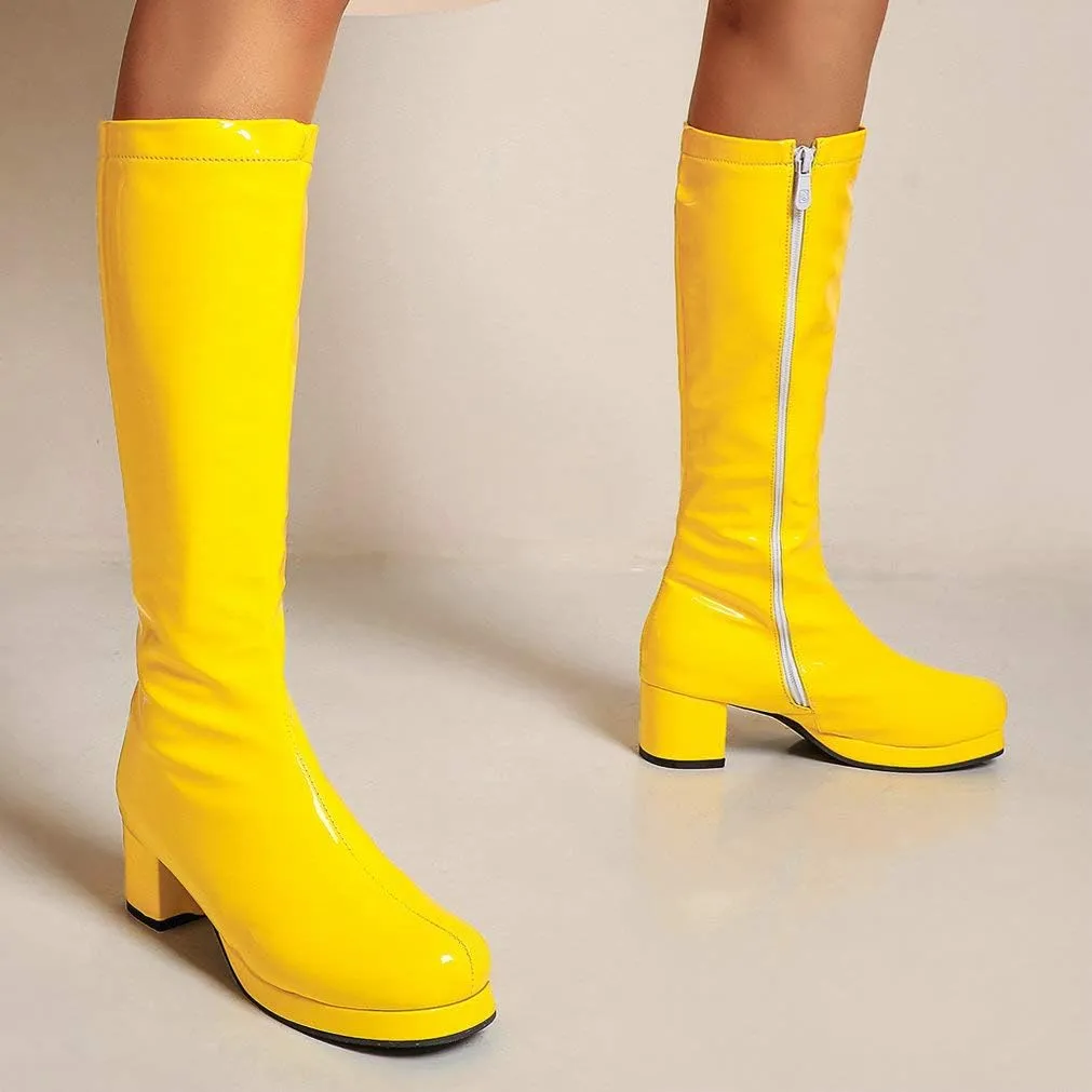 LUXMAX Womens Patent Leather Knee High Boots Platform Knee Length Block Heel Boots with Full Zip
