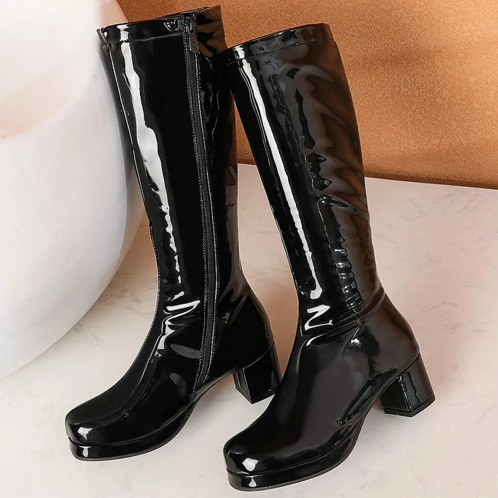LUXMAX Womens Patent Leather Knee High Boots Platform Knee Length Block Heel Boots with Full Zip