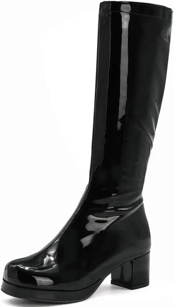 LUXMAX Womens Patent Leather Knee High Boots Platform Knee Length Block Heel Boots with Full Zip
