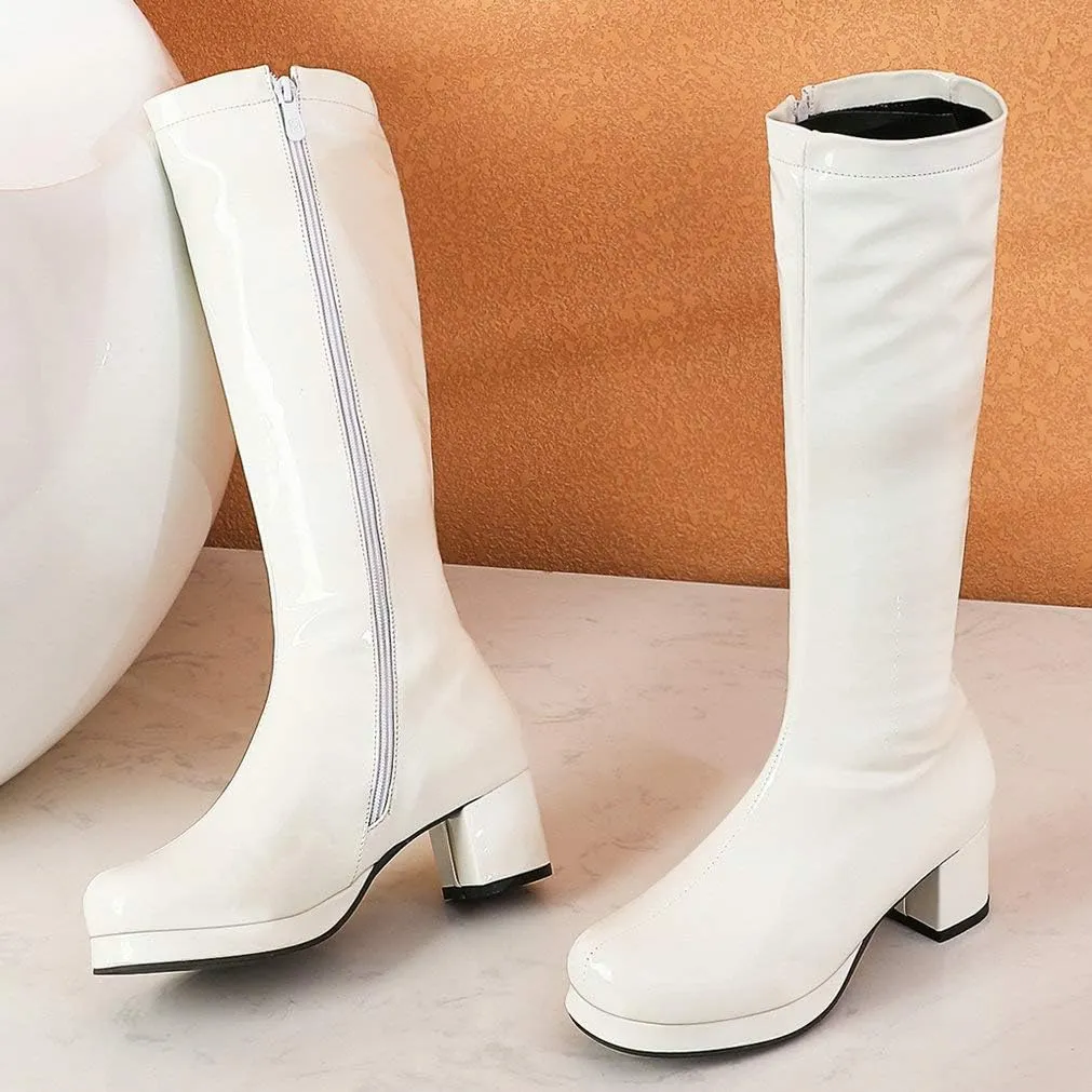 LUXMAX Womens Patent Leather Knee High Boots Platform Knee Length Block Heel Boots with Full Zip