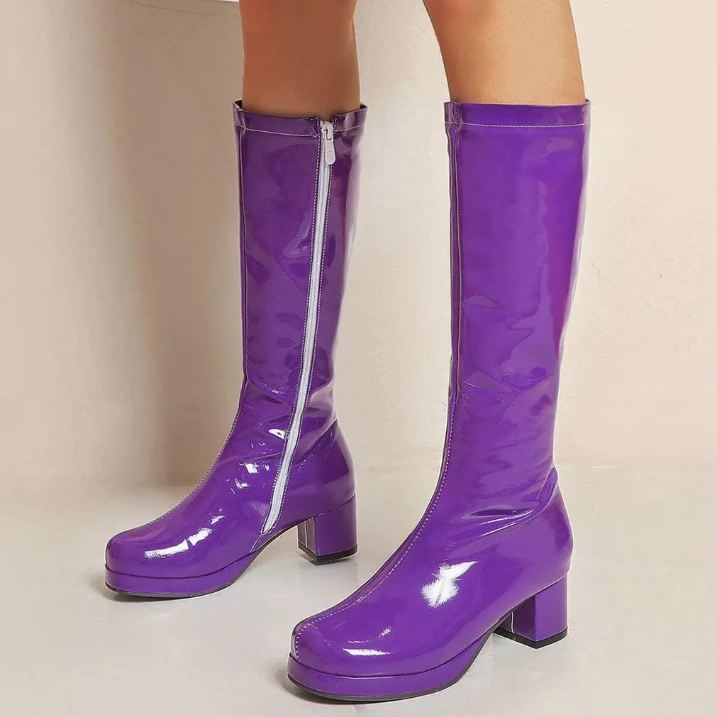 LUXMAX Womens Patent Leather Knee High Boots Platform Knee Length Block Heel Boots with Full Zip