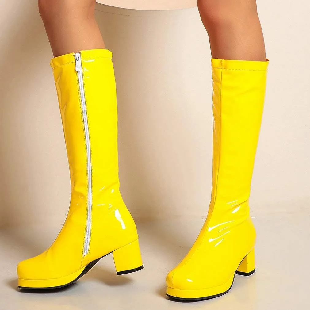 LUXMAX Womens Patent Leather Knee High Boots Platform Knee Length Block Heel Boots with Full Zip