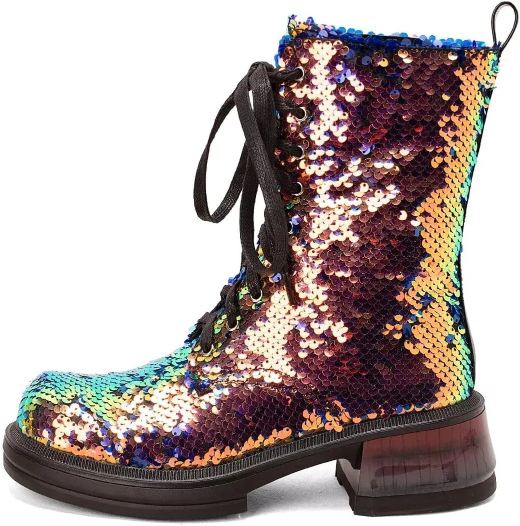Magazine Version Women's Lace-up Combat Ankle Booties Chunky Heels Mid-calf Military Boots