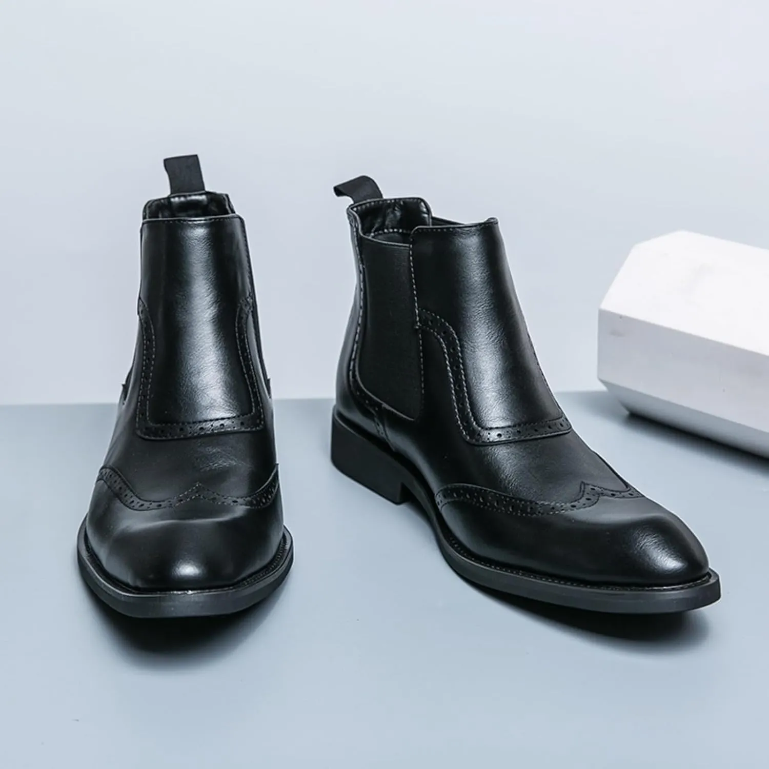 Men's Retro Brogues Leather High Top Chelsea Ankle Boots Casual Non Slip Pointed Toe Dress Booties for Formal Business Office Church (Brown,8)