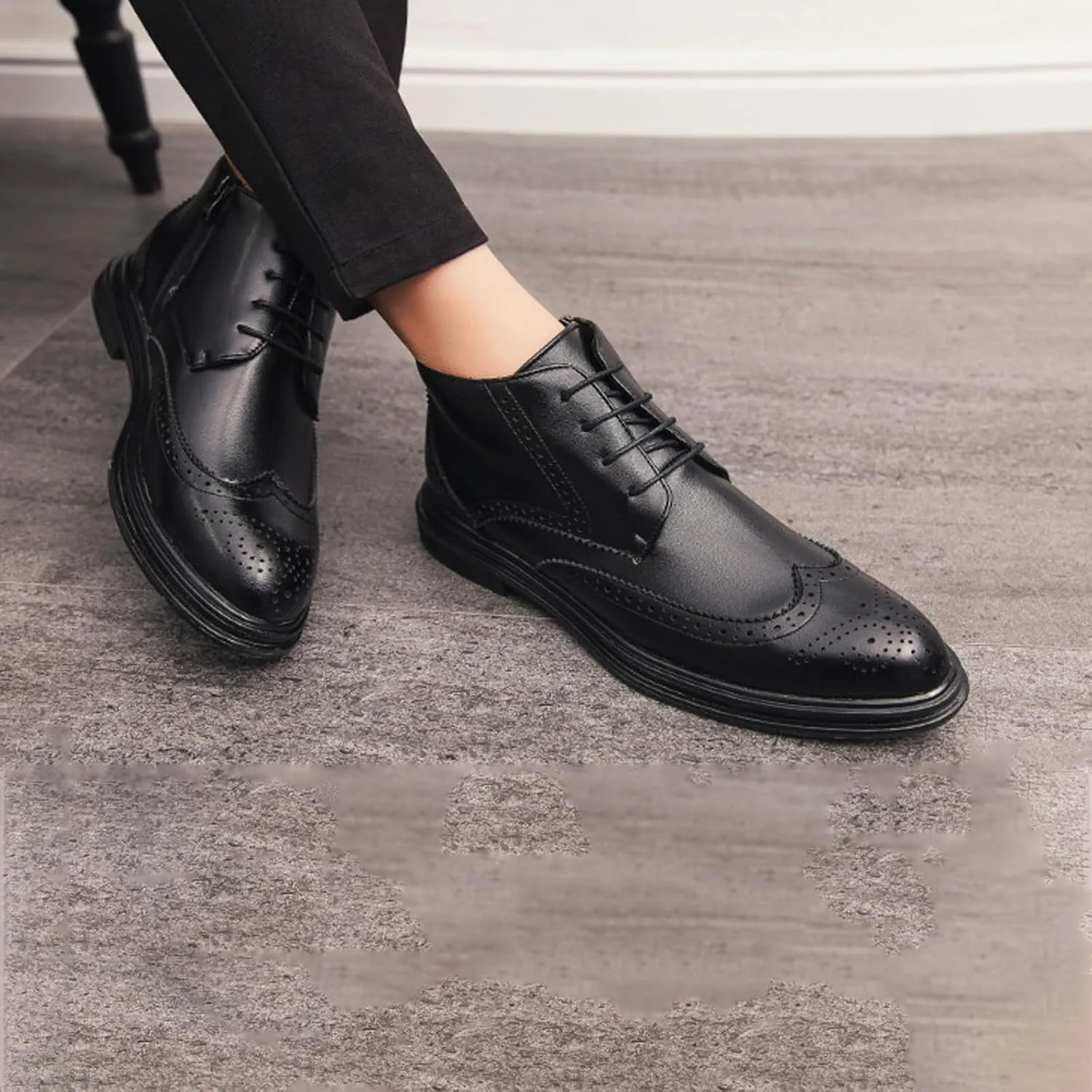 Men's Wingtip Brogue Oxford Dress Boots,Fashion Cap-Toe High Top Lace Up Chukka Boots Leather Classic Retro Ankle Boots