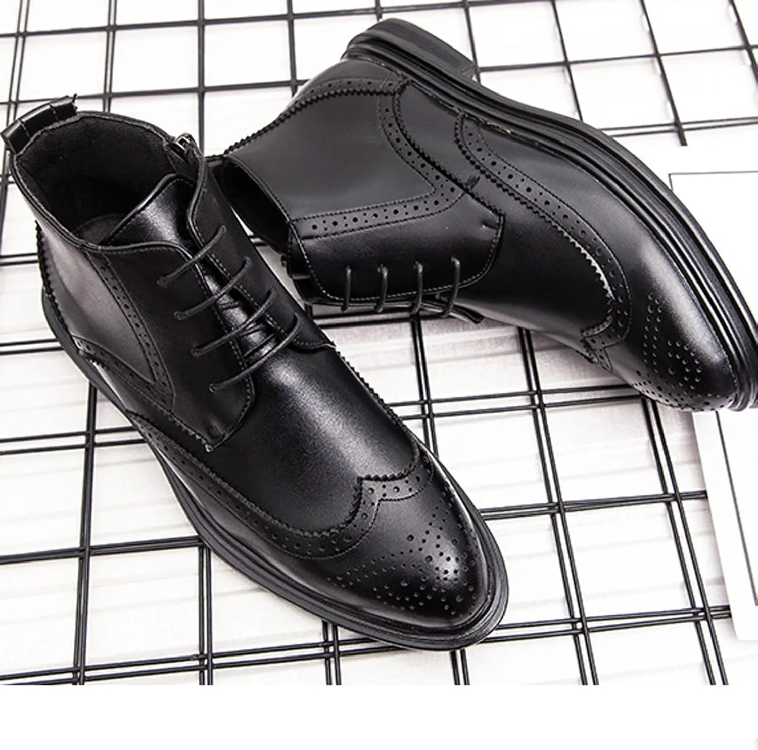 Men's Wingtip Brogue Oxford Dress Boots,Fashion Cap-Toe High Top Lace Up Chukka Boots Leather Classic Retro Ankle Boots