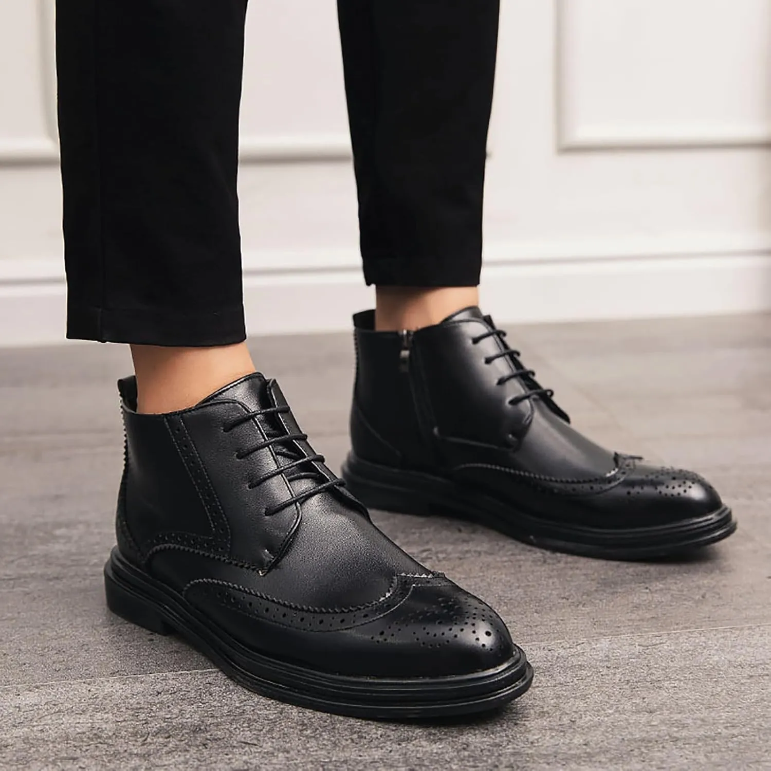Men's Wingtip Brogue Oxford Dress Boots,Fashion Cap-Toe High Top Lace Up Chukka Boots Leather Classic Retro Ankle Boots