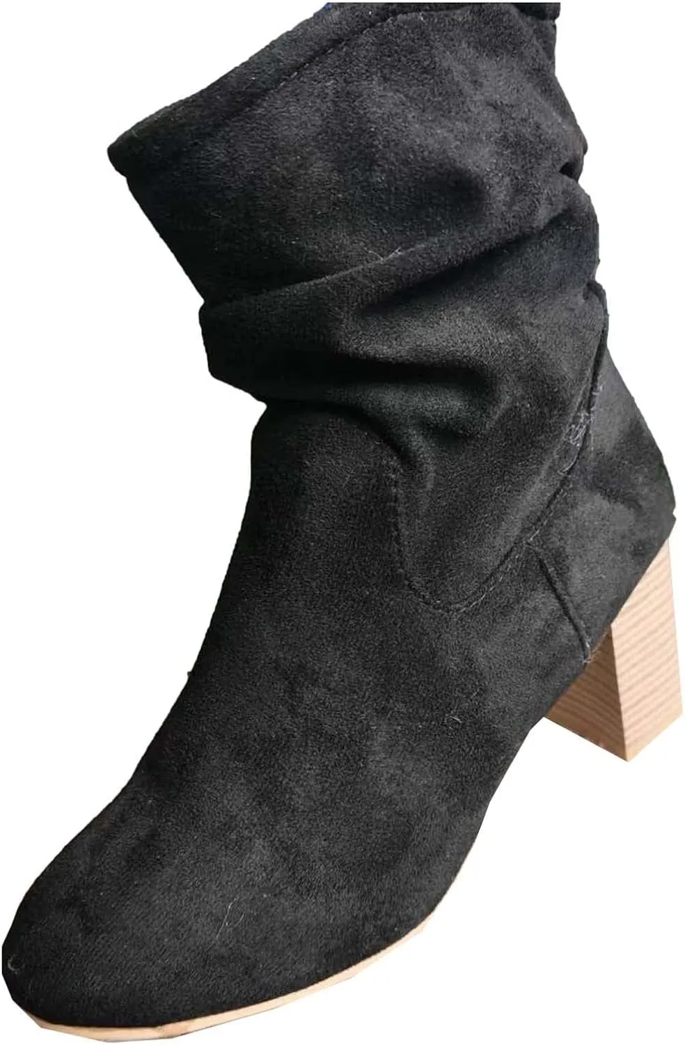 Mid Calf Boots for Women Chunky Heel Fashion Round Toe Slip on Sude Block High Heel Boots Solid Casual Comfy Ladies Stacked Heel Shoes