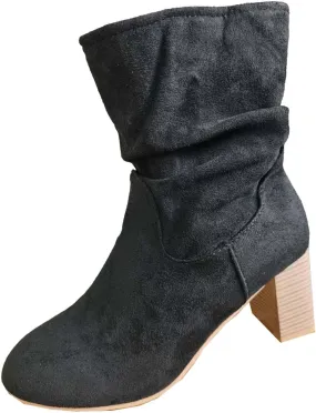 Mid Calf Boots for Women Chunky Heel Fashion Round Toe Slip on Sude Block High Heel Boots Solid Casual Comfy Ladies Stacked Heel Shoes