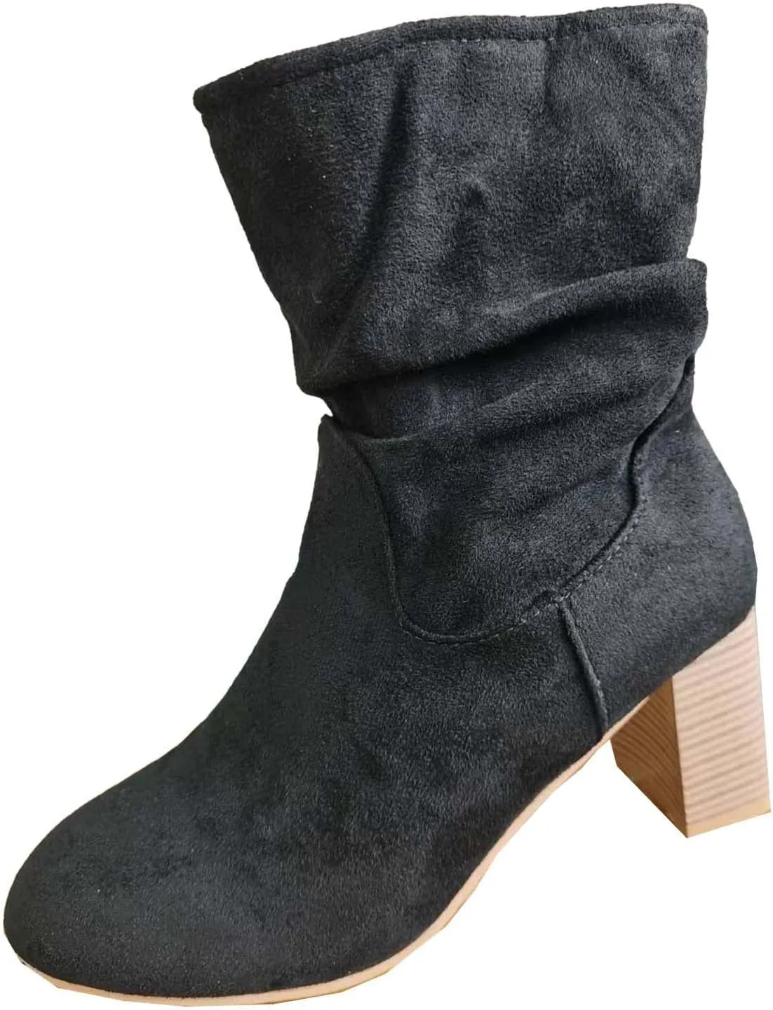Mid Calf Boots for Women Chunky Heel Fashion Round Toe Slip on Sude Block High Heel Boots Solid Casual Comfy Ladies Stacked Heel Shoes