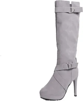 oiangi Women Stiletto Mid Calf Boots 2022 Winter Fashion Suede Round Toe Cross Belt Buckle Platform Thin High Heel Boots Solid Zipper Ladies Casual Shoes