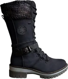 oiangi Women's Cowboy Mid Calf Boots Fashion Round Toe Cross Strap Buckle Lace Up Chunky Heel Riding Boots Comfy Warm Knee Low Heels Western Boots Shoes