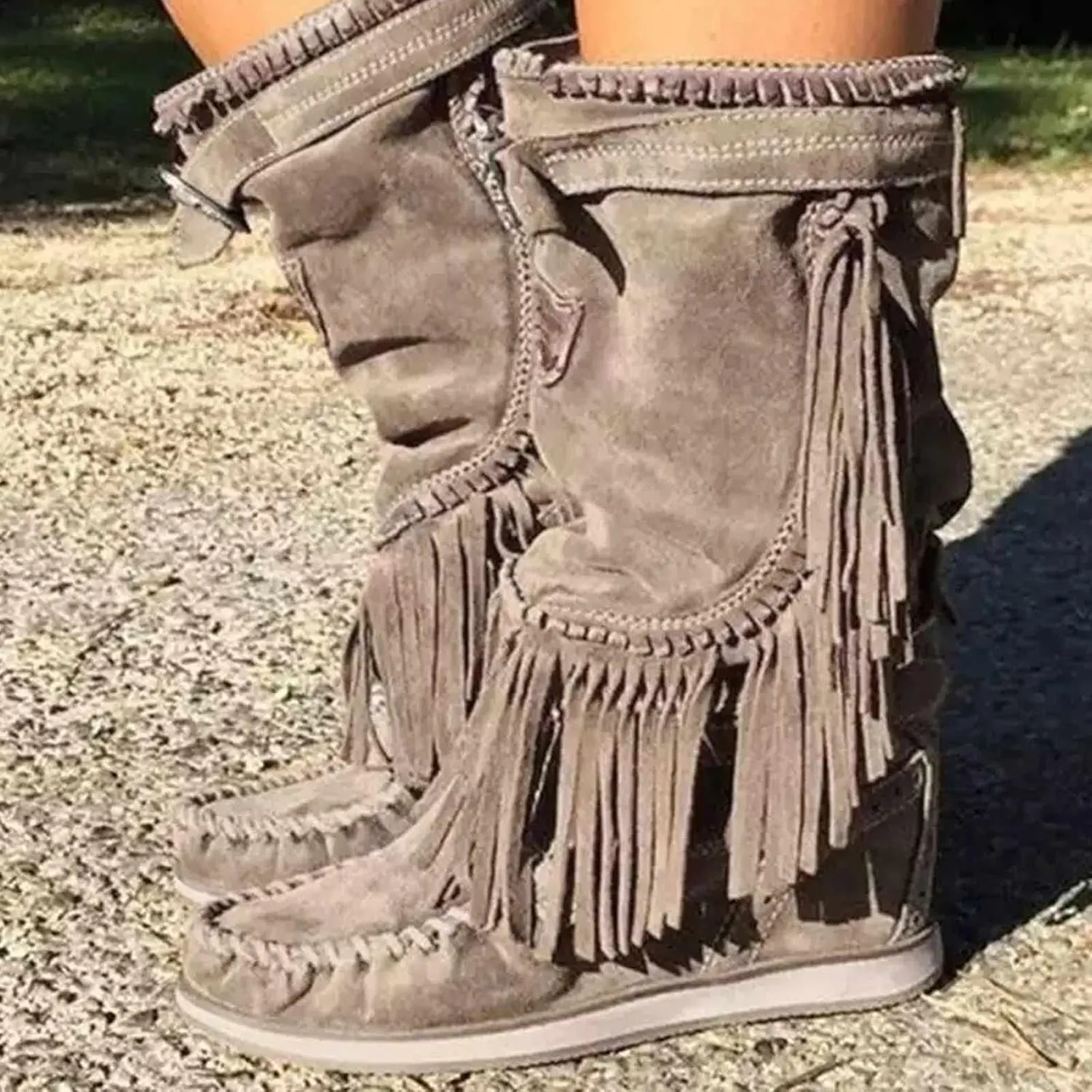 OMEARK Ladies Flat Tassel Ankle Boots, Vintage Round Toe Suede Western Mid-Calf Boots, Winter Sliding Wide Calf Cowboy Knee Boots