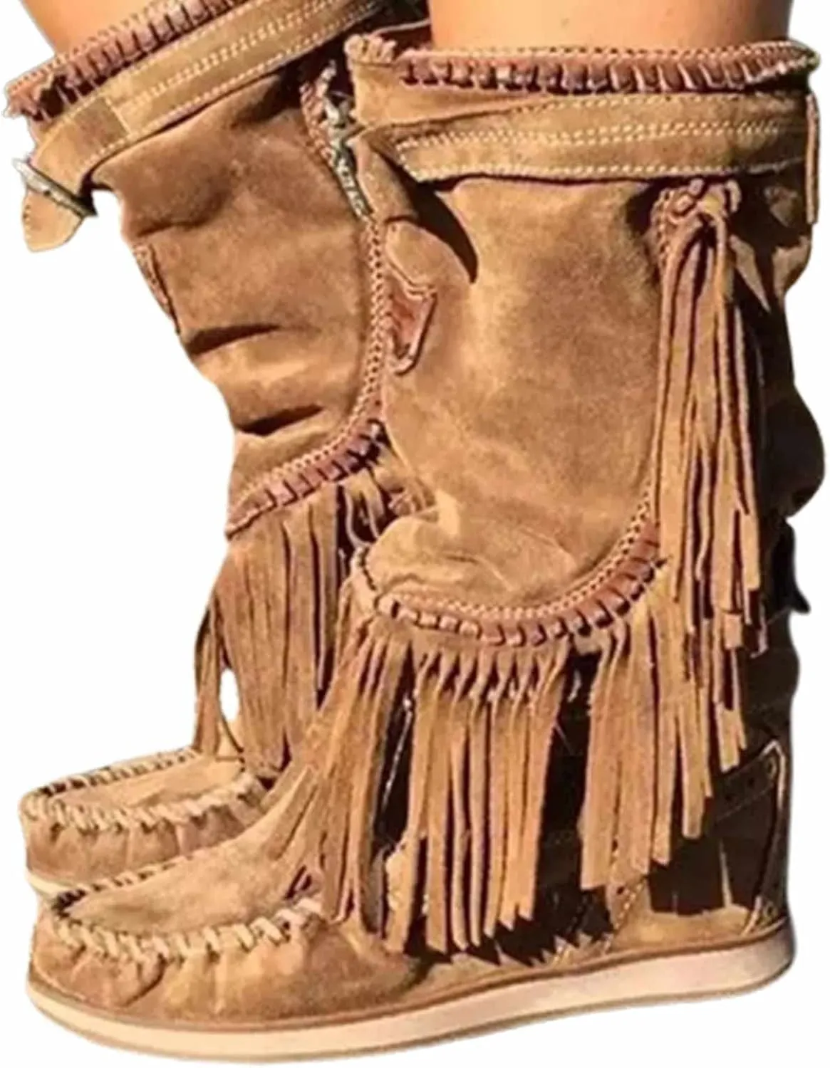 OMEARK Ladies Flat Tassel Ankle Boots, Vintage Round Toe Suede Western Mid-Calf Boots, Winter Sliding Wide Calf Cowboy Knee Boots