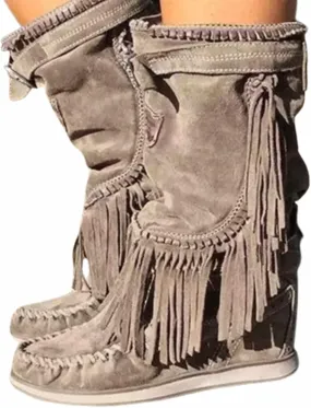 OMEARK Ladies Flat Tassel Ankle Boots, Vintage Round Toe Suede Western Mid-Calf Boots, Winter Sliding Wide Calf Cowboy Knee Boots