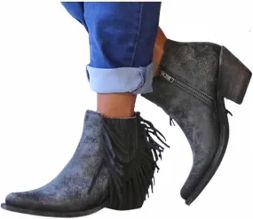 OMEARK Women's Western Tassel Booties, Vintage Pointed Toe Chunky Low Heel Cowboy Ankle Boot, Keep Warm Winter Side Zip Cowgirl Short Booties for Outdoor Walking