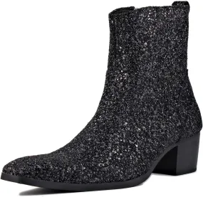 OSSTONE Dress Boot for Men Leather Glitter Chukka Designer Boots Casual Heel Shoes Zipper-up