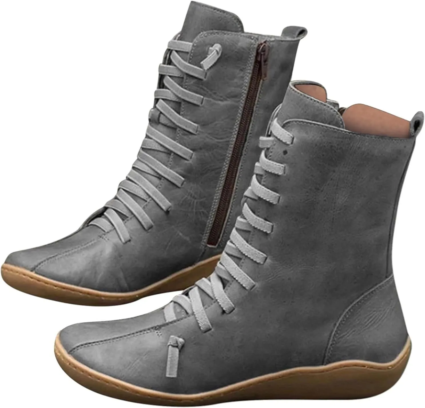 peqiut Womens Cowboy Boots Comfortable Flat Platform Heel Zipper Round Toe Boots for Women Ankle Lace Up Casual Cowgirl Boots