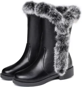 RiceelSor Women's Winter Warm Furry Mid-Calf Snow Boots Fully Fur Lined Leather Comfortable Thermal Waterproof with Side Zipper High Boots.Plus Size