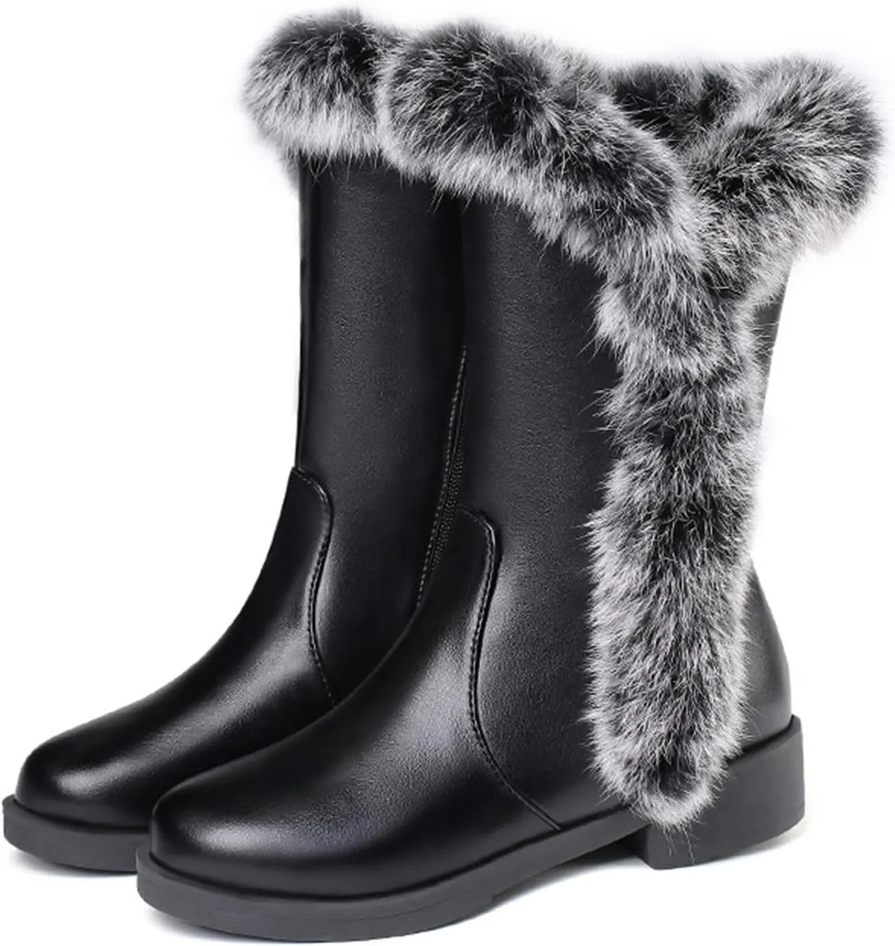RiceelSor Women's Winter Warm Furry Mid-Calf Snow Boots Fully Fur Lined Leather Comfortable Thermal Waterproof with Side Zipper High Boots.Plus Size