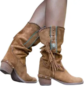 Round Toe Western Cowboy Boots Womens Low Chunky Heel Booties Shoes Retro Casual Fashion Short Ankle Boots with Fringe Breathable Non-Slip Work Boots