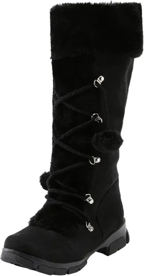 SACFOF Women's Winter Warm Knee High Riding Boots Comfy Side Zipper Suede Plush Ball Lace-up Collar Knight Snow Boots