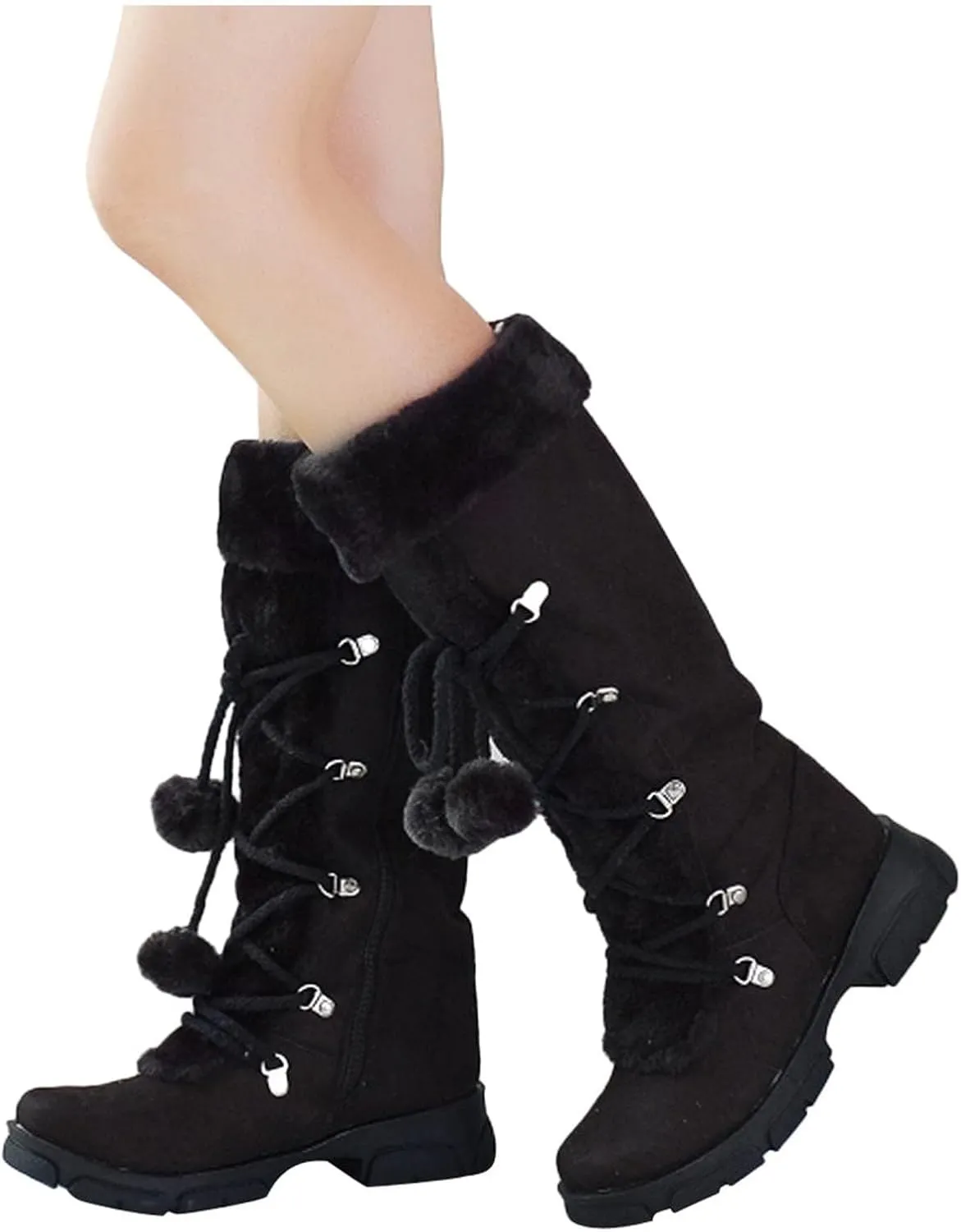 SACFOF Women's Winter Warm Knee High Riding Boots Comfy Side Zipper Suede Plush Ball Lace-up Collar Knight Snow Boots