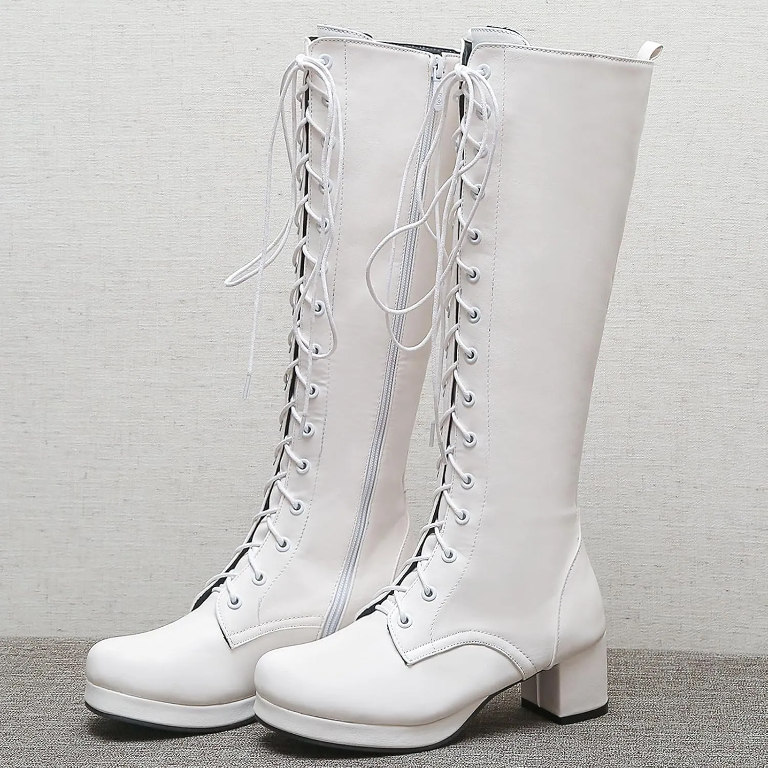 Seborluys Women Knee High Lace Up Boots Chunky Heel Combat Platform Knee Length Boot with Zipper