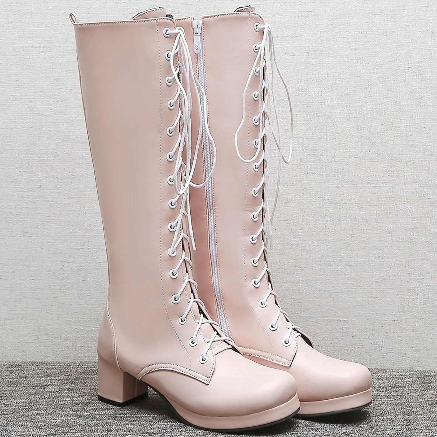 Seborluys Women Knee High Lace Up Boots Chunky Heel Combat Platform Knee Length Boot with Zipper