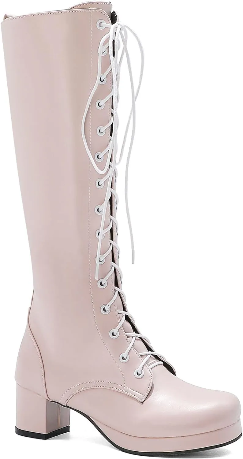 Seborluys Women Knee High Lace Up Boots Chunky Heel Combat Platform Knee Length Boot with Zipper