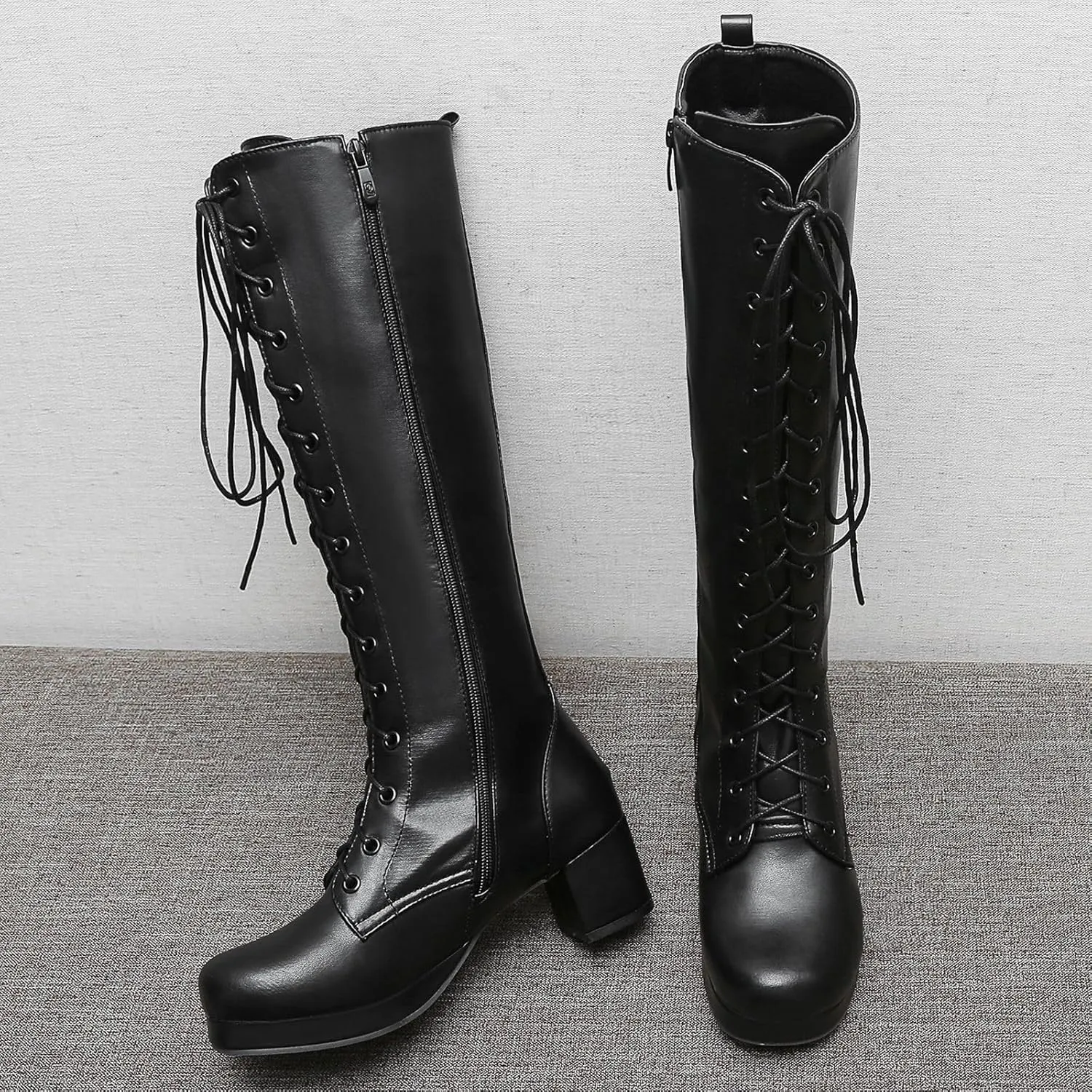 Seborluys Women Knee High Lace Up Boots Chunky Heel Combat Platform Knee Length Boot with Zipper
