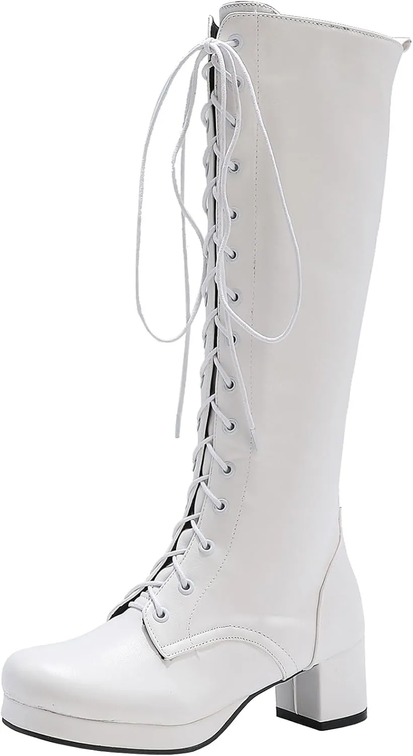 Seborluys Women Knee High Lace Up Boots Chunky Heel Combat Platform Knee Length Boot with Zipper