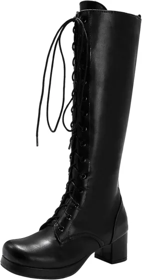 Seborluys Women Knee High Lace Up Boots Chunky Heel Combat Platform Knee Length Boot with Zipper