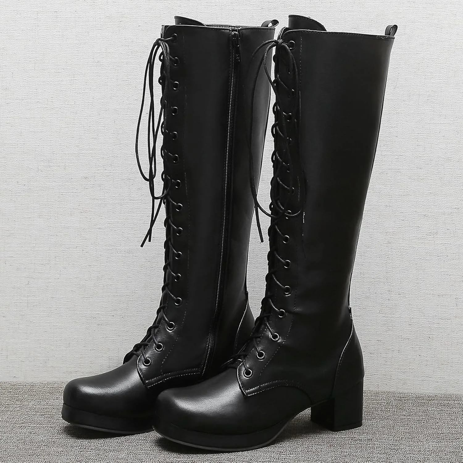 Seborluys Women Knee High Lace Up Boots Chunky Heel Combat Platform Knee Length Boot with Zipper
