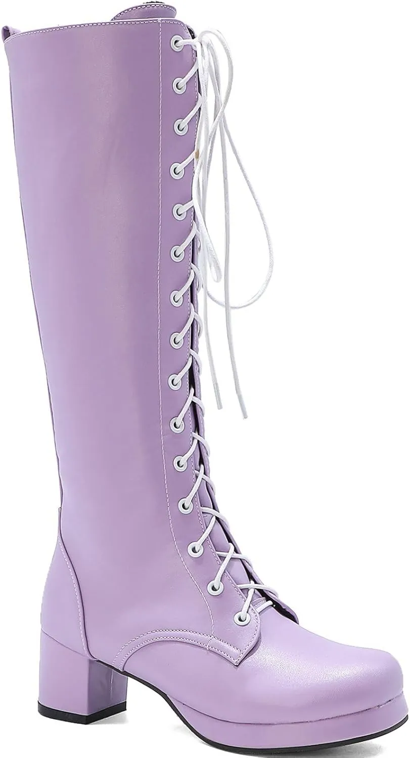 Seborluys Women Knee High Lace Up Boots Chunky Heel Combat Platform Knee Length Boot with Zipper