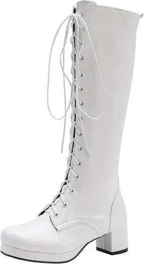 Seborluys Women Knee High Lace Up Boots Chunky Heel Combat Platform Knee Length Boot with Zipper