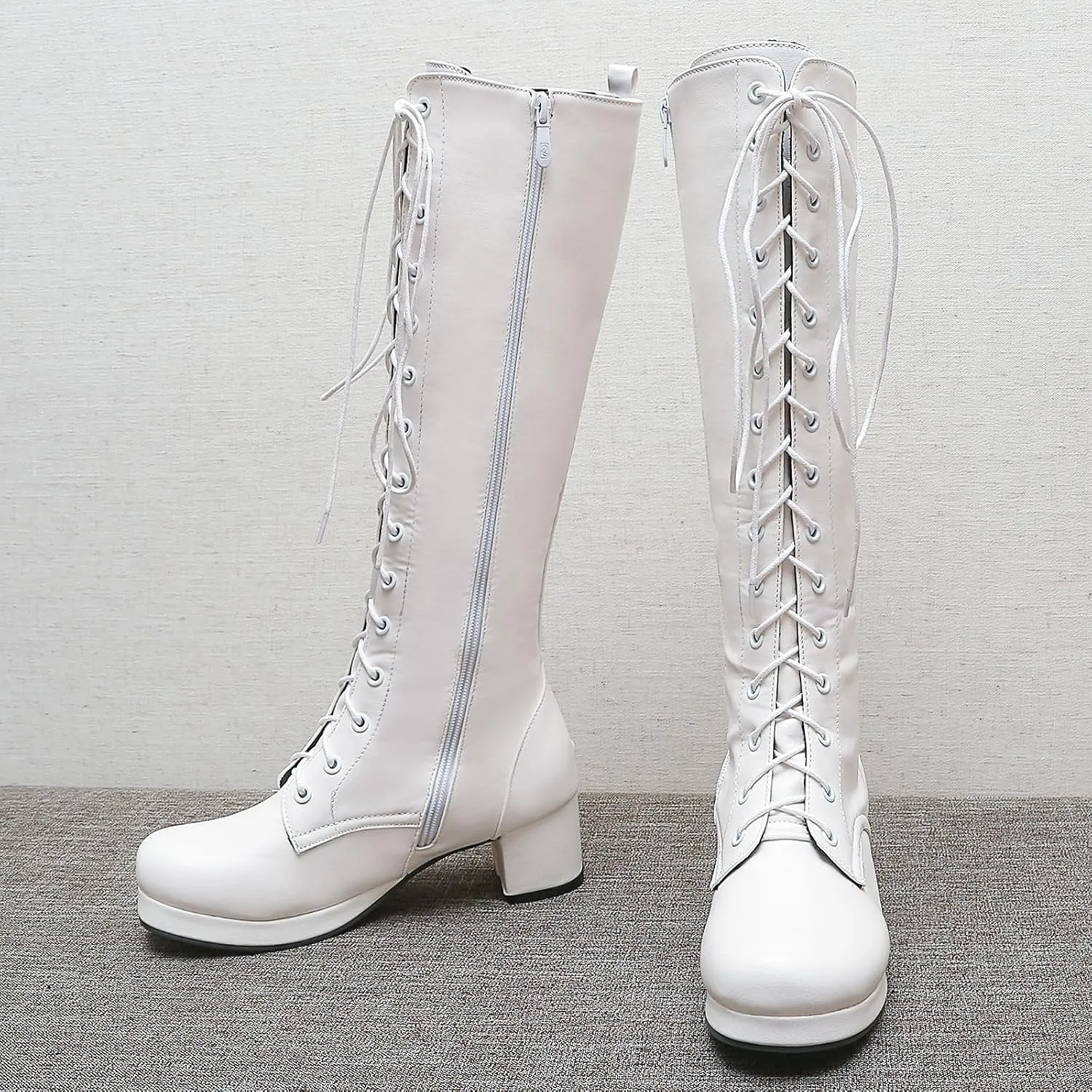 Seborluys Women Knee High Lace Up Boots Chunky Heel Combat Platform Knee Length Boot with Zipper