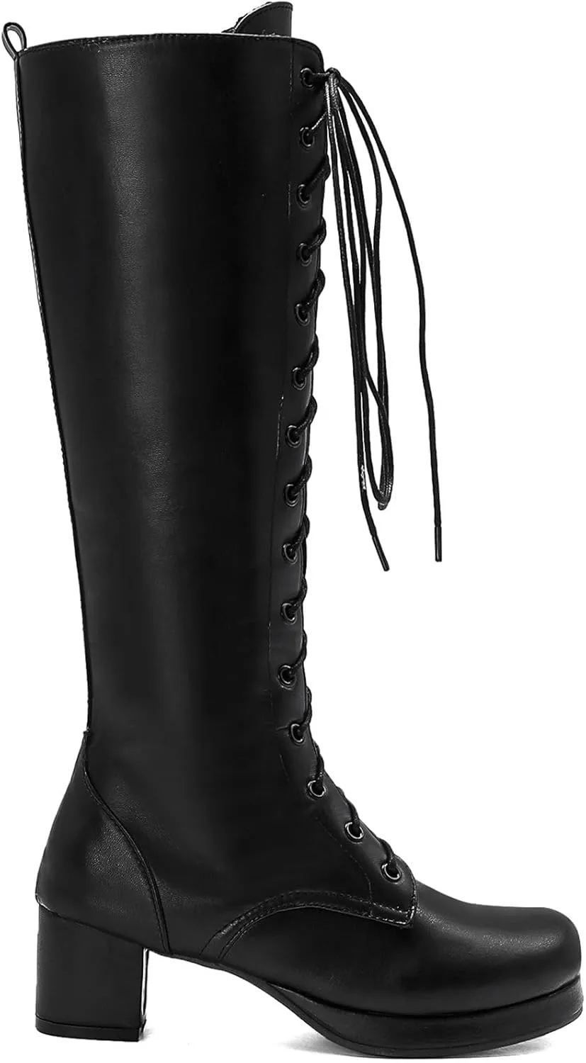 Seborluys Women Knee High Lace Up Boots Chunky Heel Combat Platform Knee Length Boot with Zipper