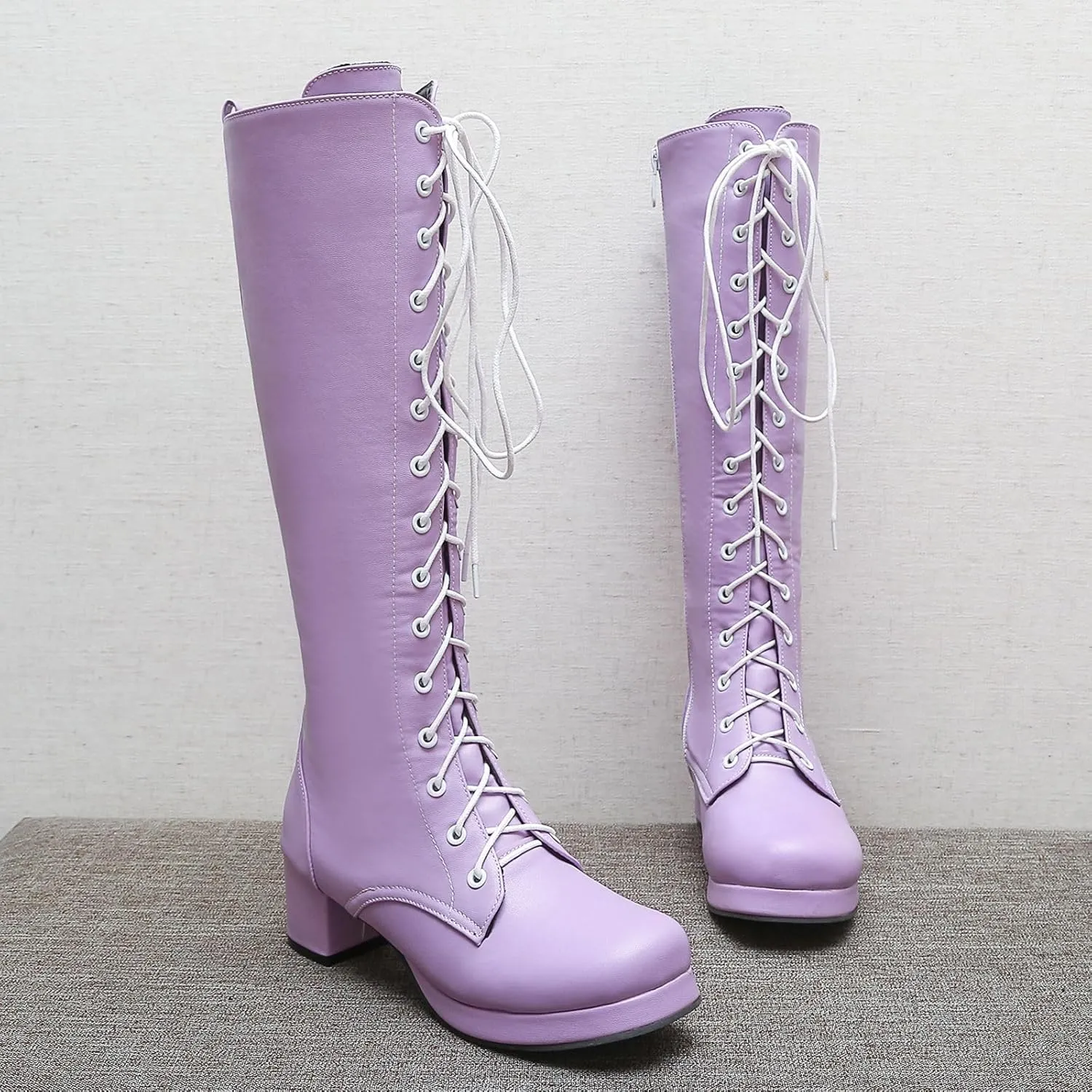 Seborluys Women Knee High Lace Up Boots Chunky Heel Combat Platform Knee Length Boot with Zipper