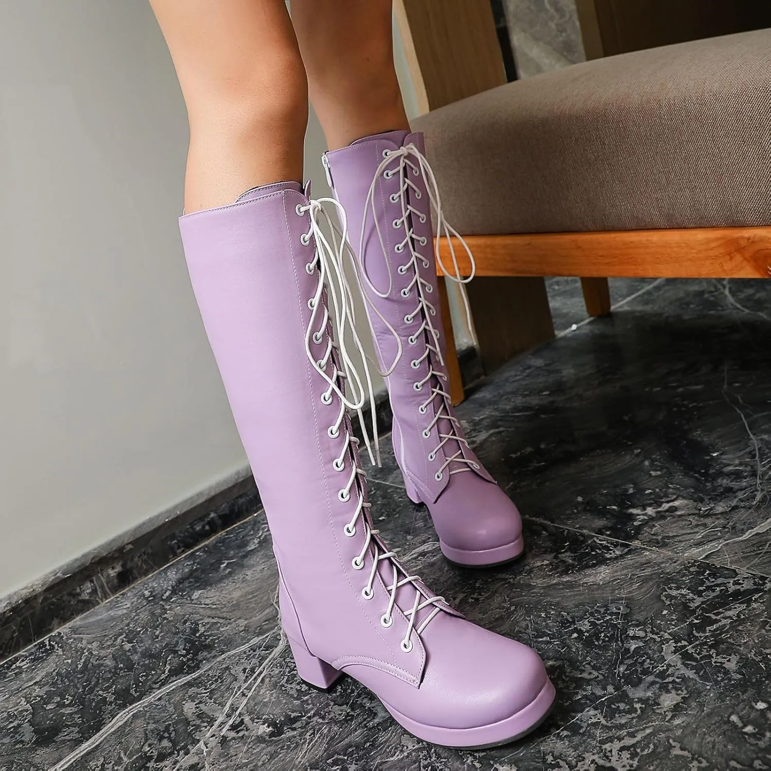 Seborluys Women Knee High Lace Up Boots Chunky Heel Combat Platform Knee Length Boot with Zipper