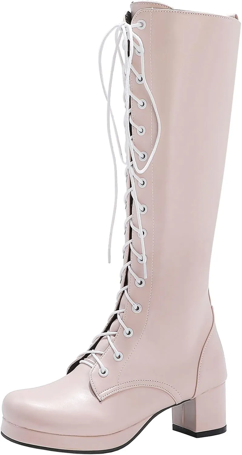 Seborluys Women Knee High Lace Up Boots Chunky Heel Combat Platform Knee Length Boot with Zipper