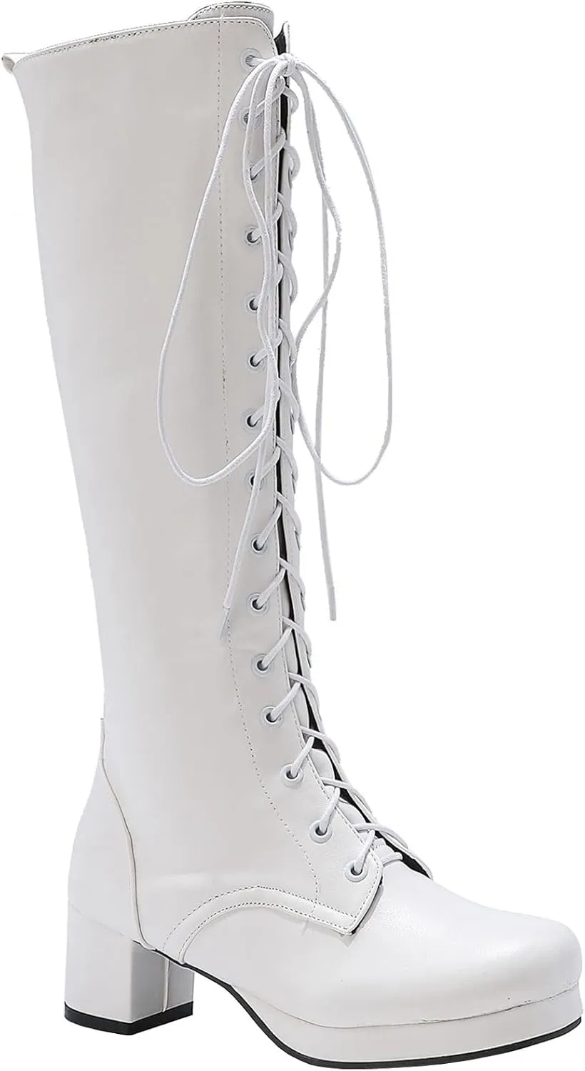 Seborluys Women Knee High Lace Up Boots Chunky Heel Combat Platform Knee Length Boot with Zipper